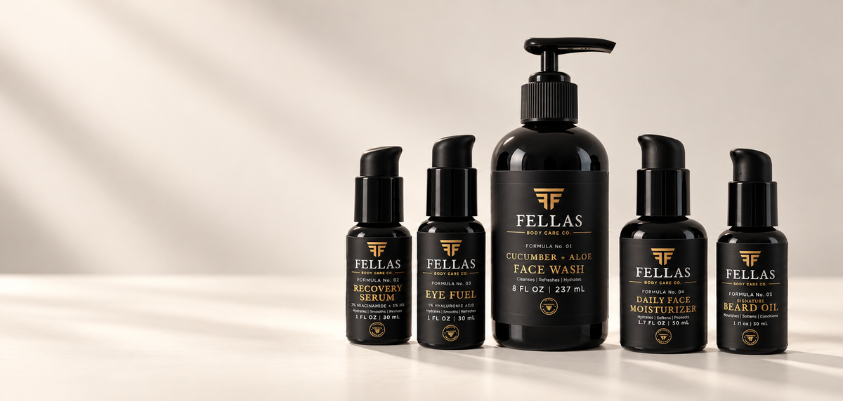 FELLAS Body Care Co. full five-product skincare and grooming routine